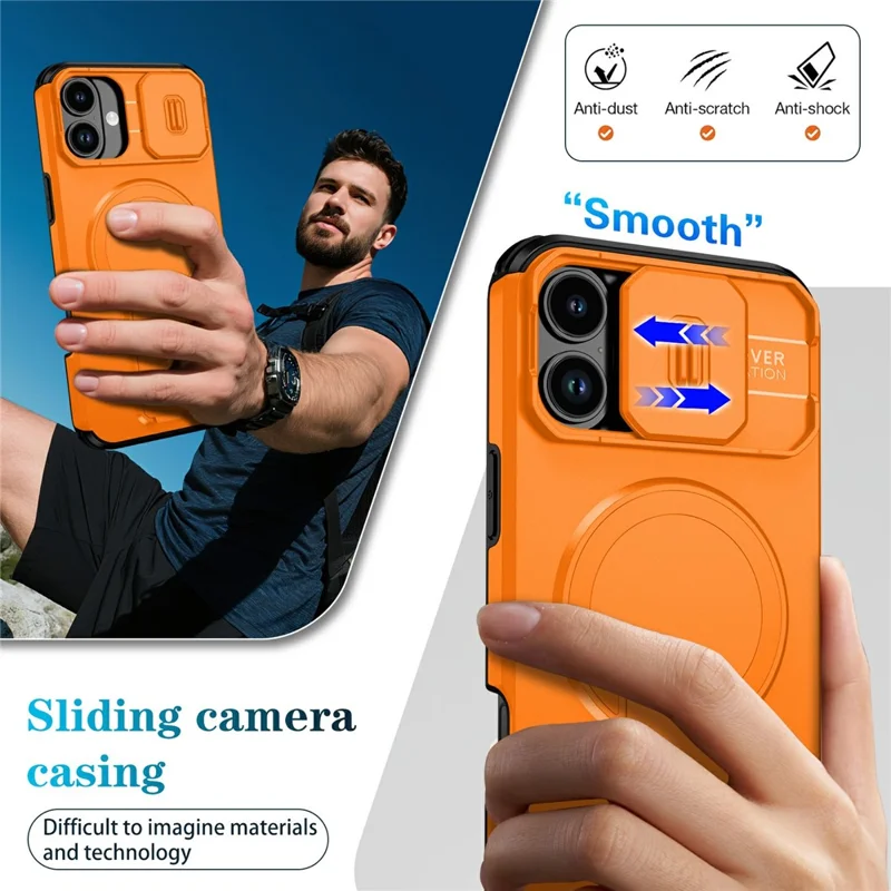 Bulk Purchasing For iPhone 16 Magnetic Phone Case PC + TPU Cover with Hidden Kickstand and Sliding Camera Cover - Orange