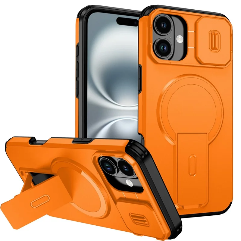 Bulk Purchasing For iPhone 16 Plus Magnetic Phone Case PC + TPU Cover with Hidden Kickstand and Sliding Camera Cover - Orange