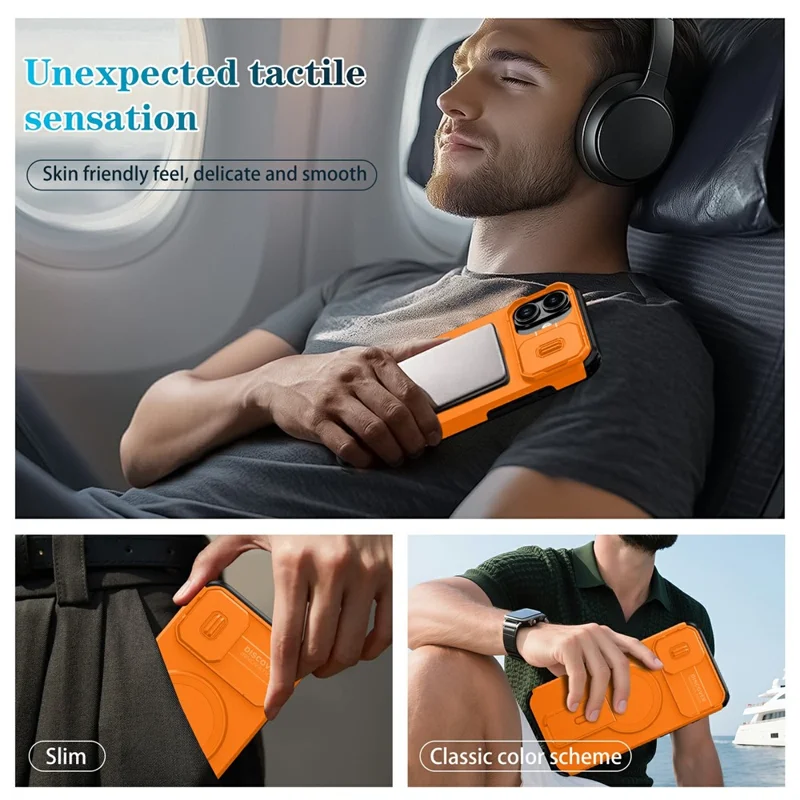 Bulk Purchasing For iPhone 16 Plus Magnetic Phone Case PC + TPU Cover with Hidden Kickstand and Sliding Camera Cover - Orange