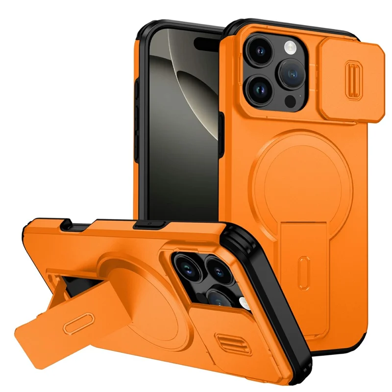 Compra al por mayor de la funda de teléfono magnética para iPhone 16 Pro de PC + TPU con soporte oculto y cubierta de cámara deslizante - Naranja