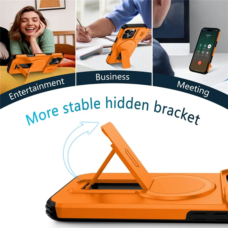 Compra al por mayor de la funda de teléfono magnética para iPhone 16 Pro de PC + TPU con soporte oculto y cubierta de cámara deslizante - Naranja