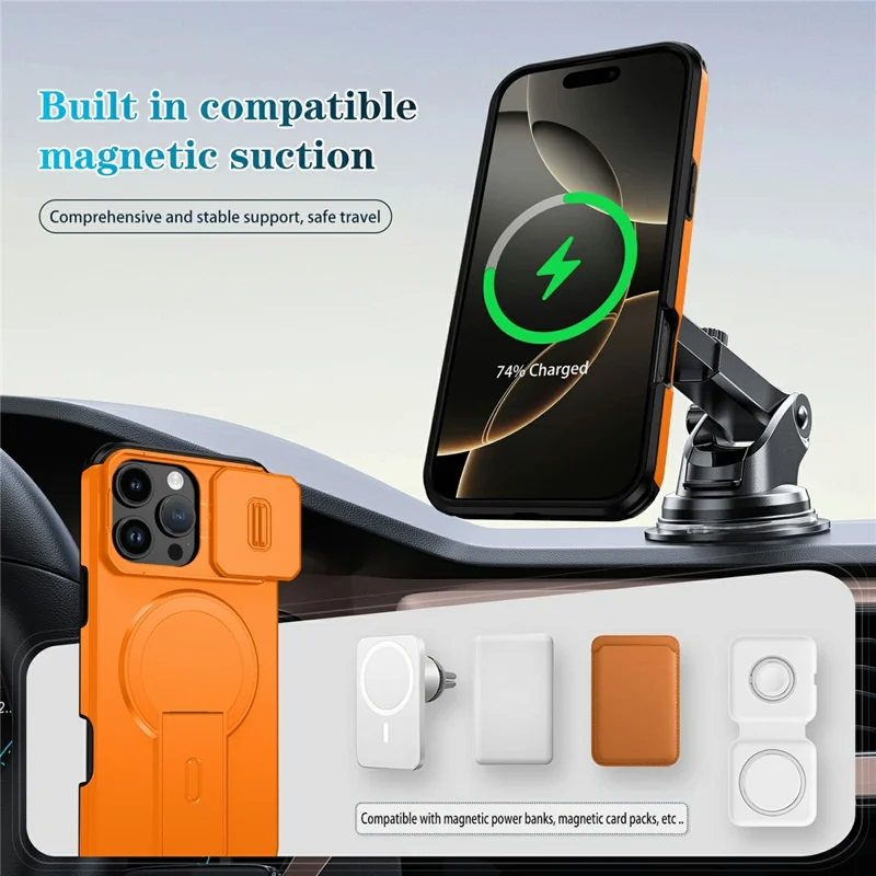 Compra al por mayor de la funda de teléfono magnética para iPhone 16 Pro de PC + TPU con soporte oculto y cubierta de cámara deslizante - Naranja