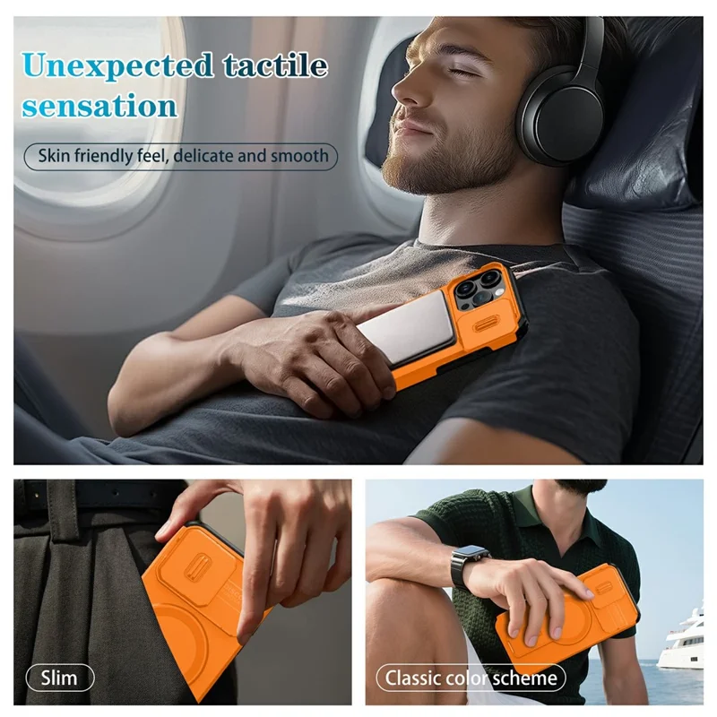 Compra al por mayor de la funda de teléfono magnética para iPhone 16 Pro de PC + TPU con soporte oculto y cubierta de cámara deslizante - Naranja