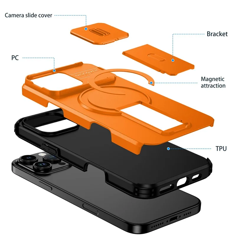 Bulk Purchasing For iPhone 16 Pro Max Magnetic Phone Case PC + TPU Cover with Hidden Kickstand and Sliding Camera Cover - Orange