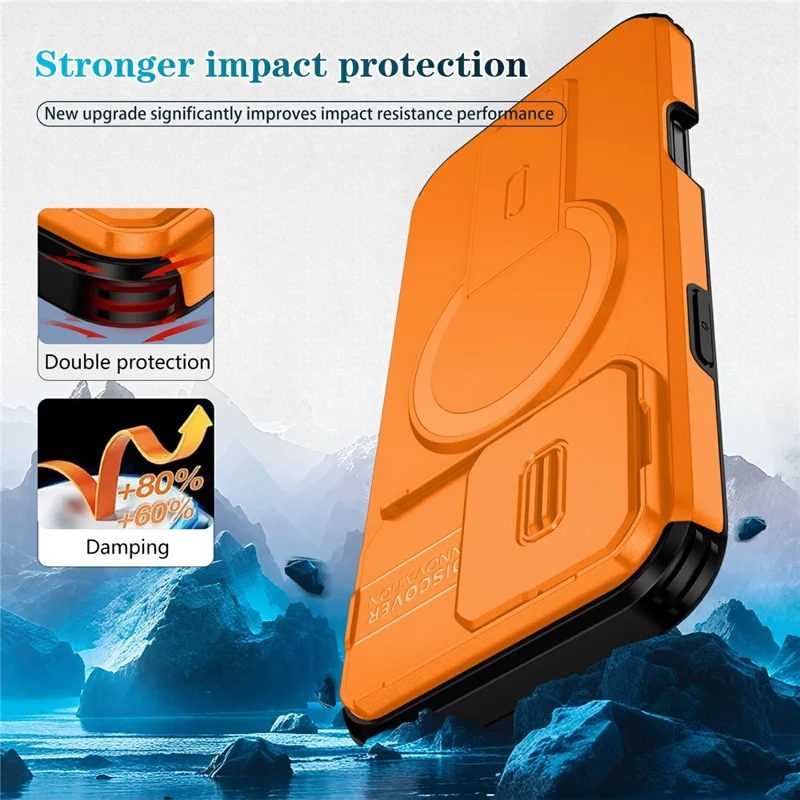 Bulk Purchasing For iPhone 16 Pro Max Magnetic Phone Case PC + TPU Cover with Hidden Kickstand and Sliding Camera Cover - Orange