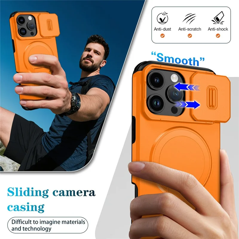 Bulk Purchasing For iPhone 16 Pro Max Magnetic Phone Case PC + TPU Cover with Hidden Kickstand and Sliding Camera Cover - Orange