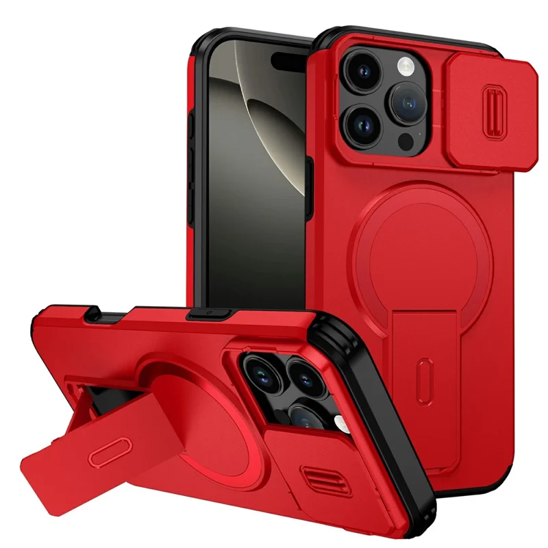 Großhandel für iPhone 16 Pro Max Magnetische Handyhülle PC + TPU Schutzhülle mit verstecktem Ständer und schiebbare Kameraabdeckung - Rot