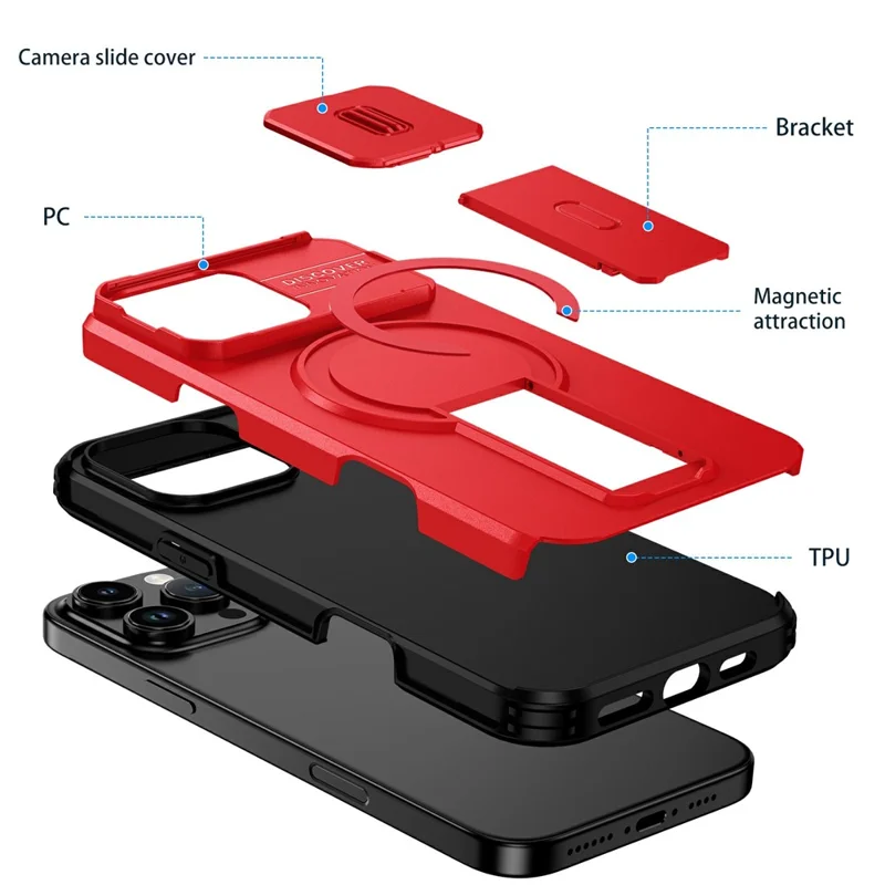 Großhandel für iPhone 16 Pro Max Magnetische Handyhülle PC + TPU Schutzhülle mit verstecktem Ständer und schiebbare Kameraabdeckung - Rot