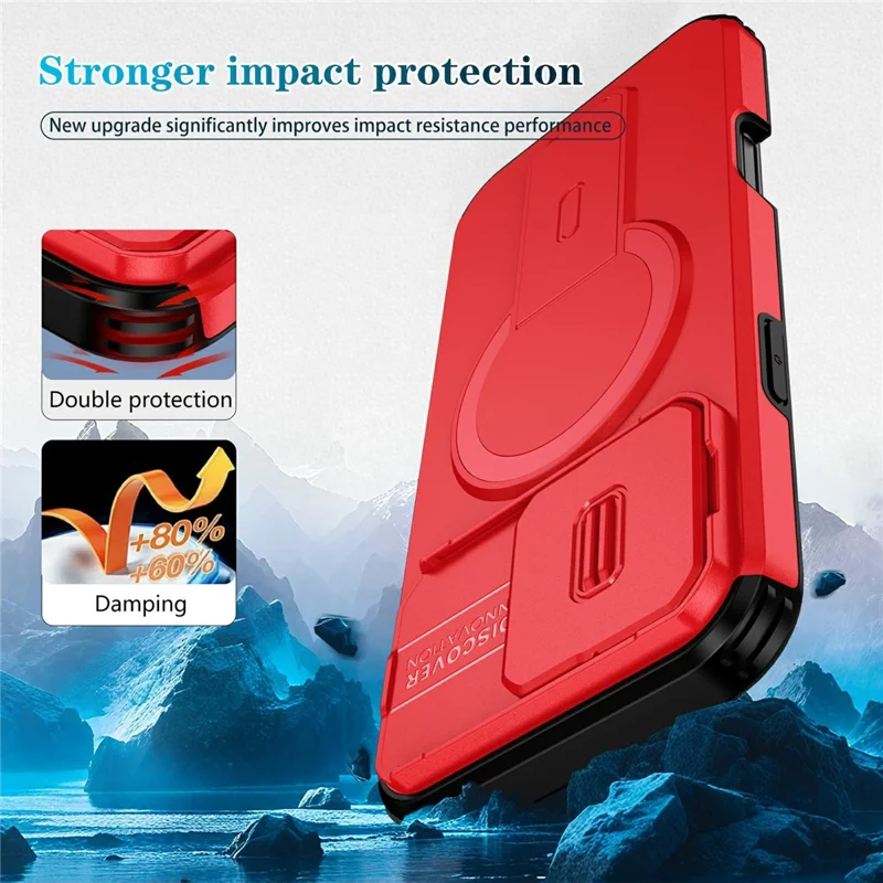Großhandel für iPhone 16 Pro Max Magnetische Handyhülle PC + TPU Schutzhülle mit verstecktem Ständer und schiebbare Kameraabdeckung - Rot