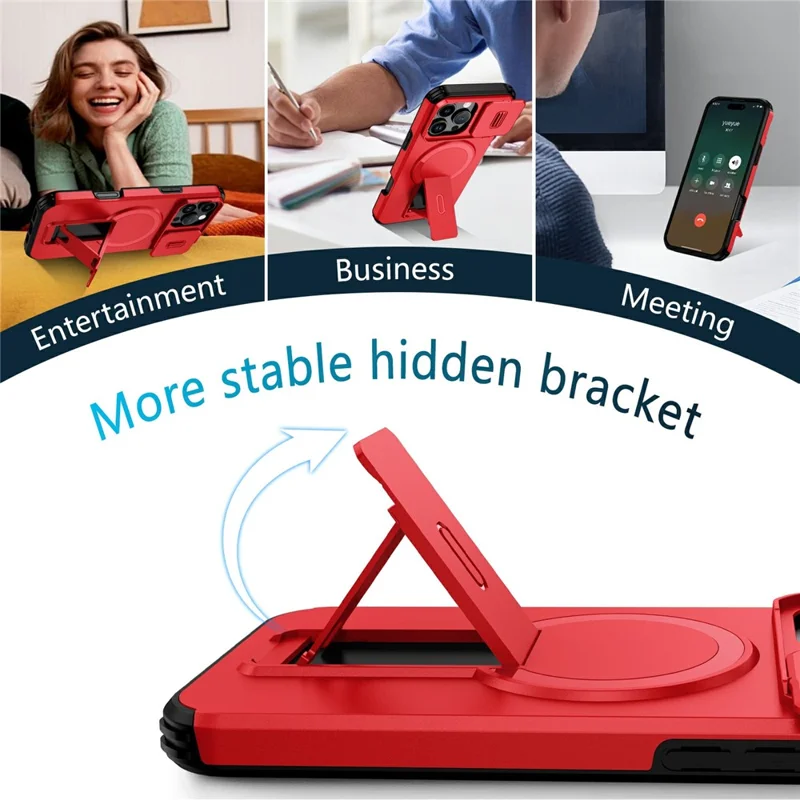 Großhandel für iPhone 16 Pro Max Magnetische Handyhülle PC + TPU Schutzhülle mit verstecktem Ständer und schiebbare Kameraabdeckung - Rot