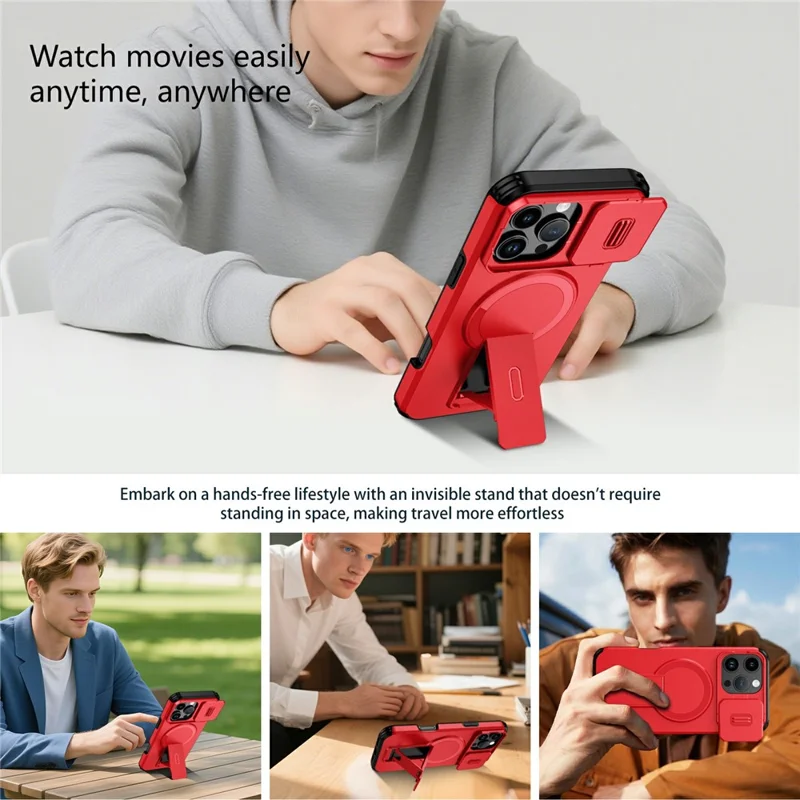 Großhandel für iPhone 16 Pro Max Magnetische Handyhülle PC + TPU Schutzhülle mit verstecktem Ständer und schiebbare Kameraabdeckung - Rot