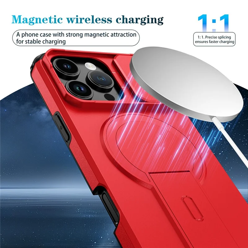 Großhandel für iPhone 16 Pro Max Magnetische Handyhülle PC + TPU Schutzhülle mit verstecktem Ständer und schiebbare Kameraabdeckung - Rot