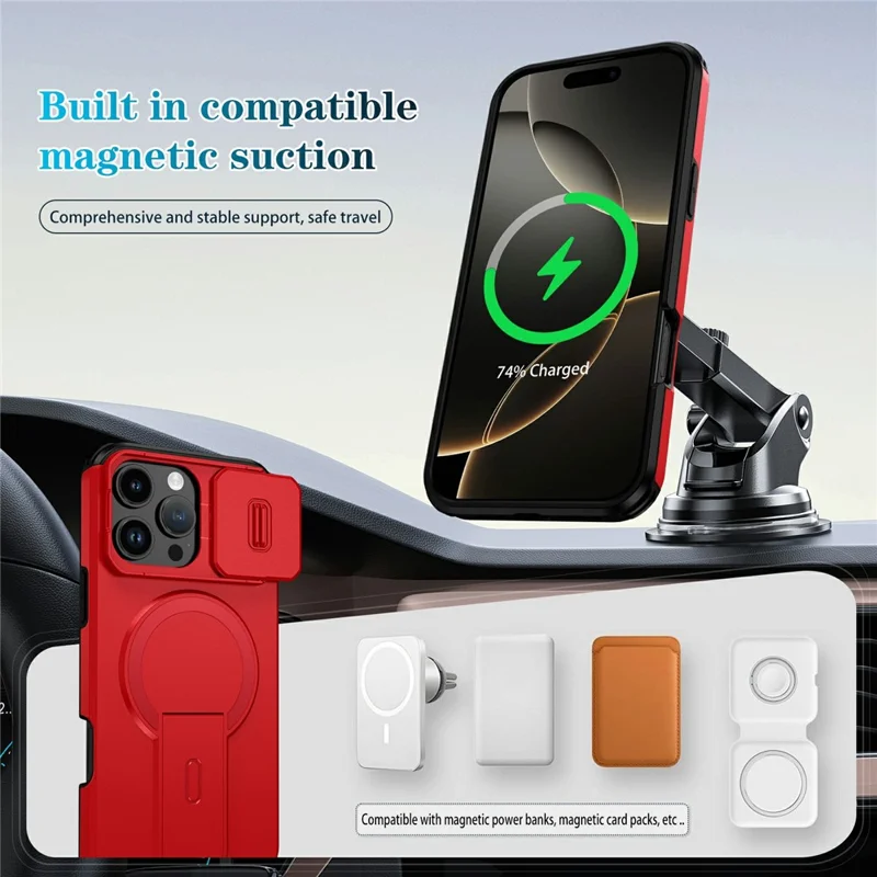Großhandel für iPhone 16 Pro Max Magnetische Handyhülle PC + TPU Schutzhülle mit verstecktem Ständer und schiebbare Kameraabdeckung - Rot