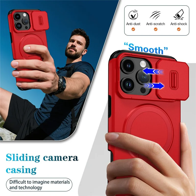 Großhandel für iPhone 16 Pro Max Magnetische Handyhülle PC + TPU Schutzhülle mit verstecktem Ständer und schiebbare Kameraabdeckung - Rot