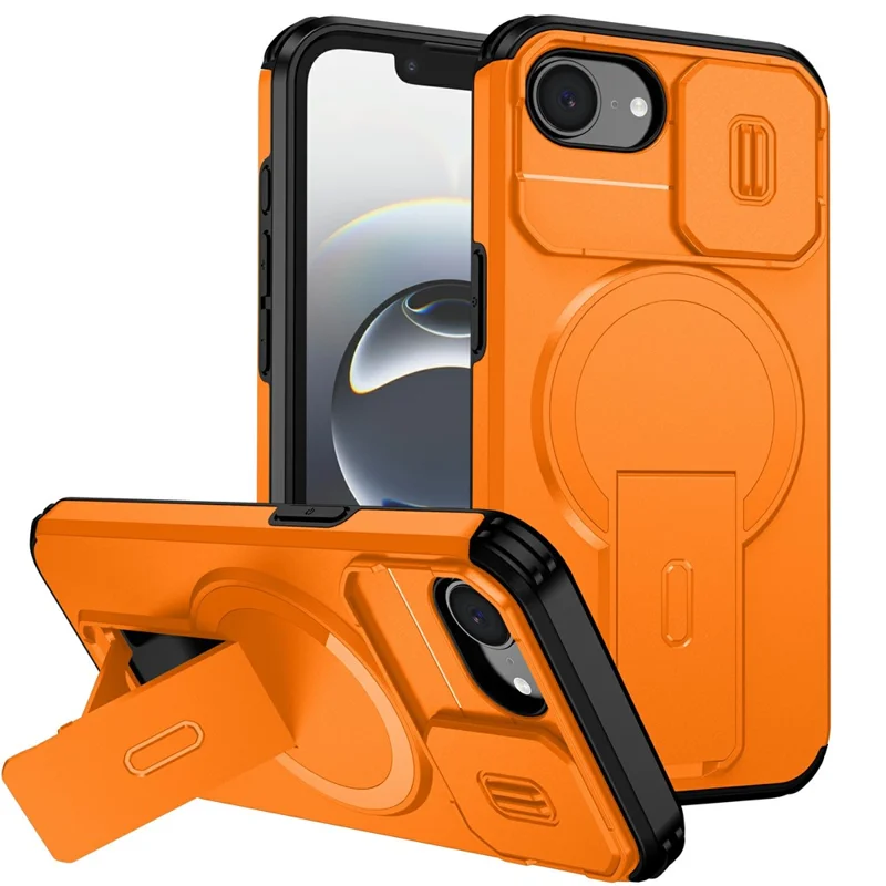 Compra al por mayor de la funda magnética para iPhone 16e, cubierta de PC + TPU con soporte oculto y cubierta deslizante para la cámara - Naranja