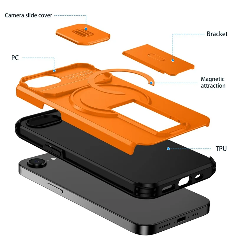 Compra al por mayor de la funda magnética para iPhone 16e, cubierta de PC + TPU con soporte oculto y cubierta deslizante para la cámara - Naranja