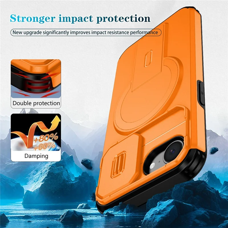 Compra al por mayor de la funda magnética para iPhone 16e, cubierta de PC + TPU con soporte oculto y cubierta deslizante para la cámara - Naranja