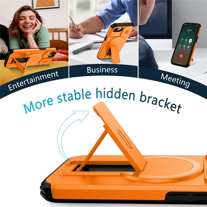 Compra al por mayor de la funda magnética para iPhone 16e, cubierta de PC + TPU con soporte oculto y cubierta deslizante para la cámara - Naranja