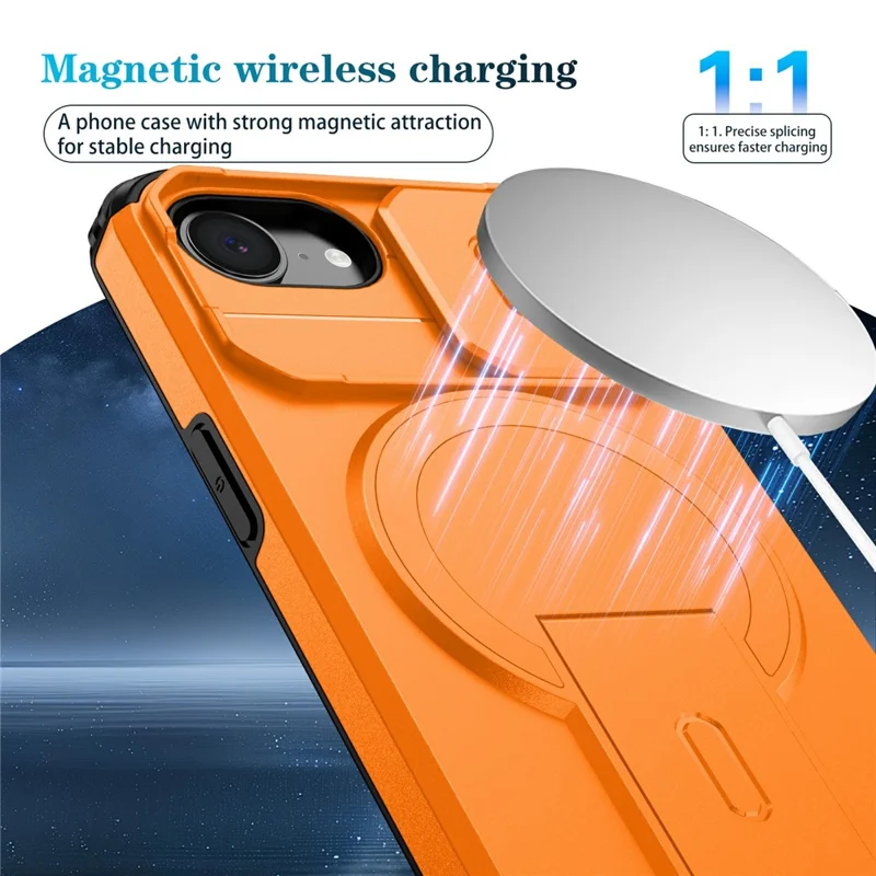 Compra al por mayor de la funda magnética para iPhone 16e, cubierta de PC + TPU con soporte oculto y cubierta deslizante para la cámara - Naranja