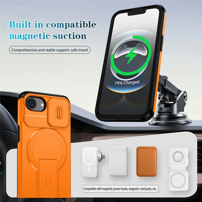 Compra al por mayor de la funda magnética para iPhone 16e, cubierta de PC + TPU con soporte oculto y cubierta deslizante para la cámara - Naranja