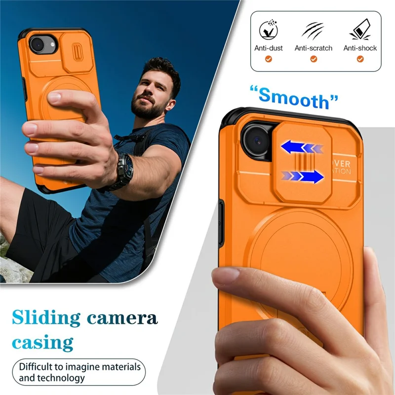 Compra al por mayor de la funda magnética para iPhone 16e, cubierta de PC + TPU con soporte oculto y cubierta deslizante para la cámara - Naranja