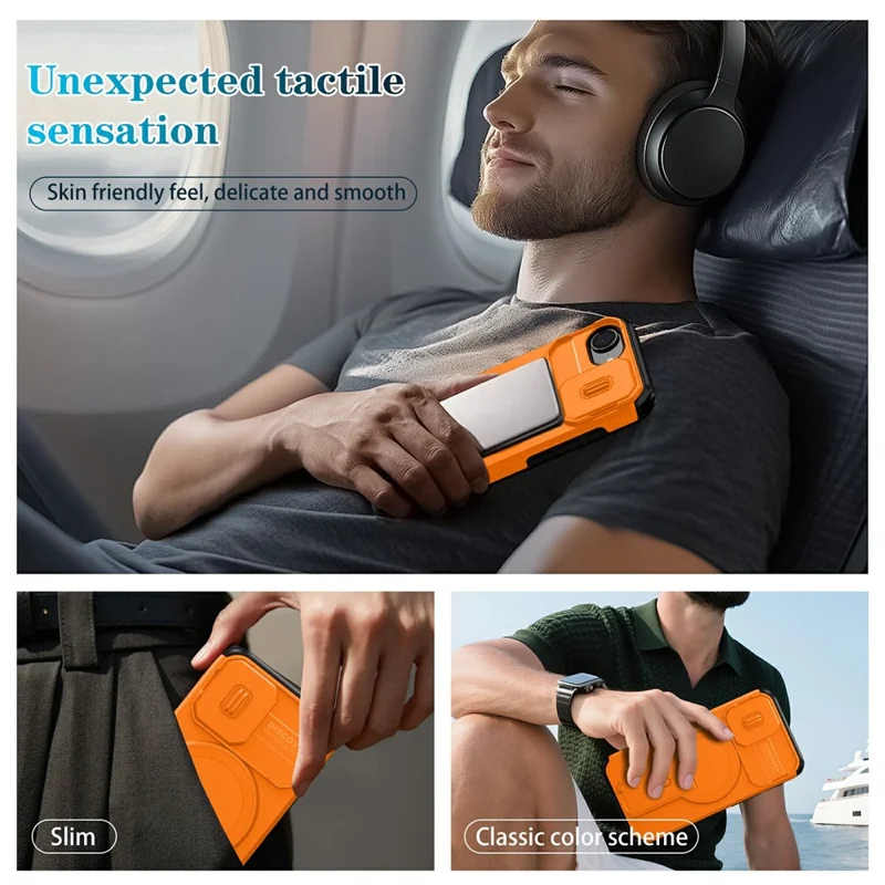 Compra al por mayor de la funda magnética para iPhone 16e, cubierta de PC + TPU con soporte oculto y cubierta deslizante para la cámara - Naranja