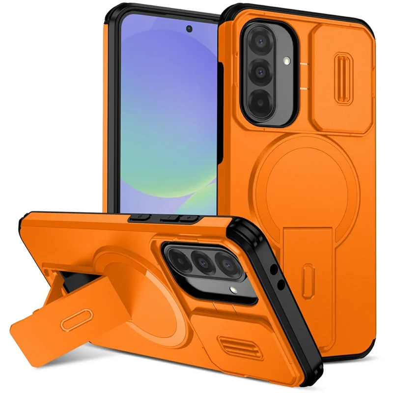 Compra em Massa para Samsung Galaxy A36 5G / A56 5G Capa de Telefone Magnética PC + Capa TPU com Suporte Oculto e Tampa Deslizante da Câmera - Laranja