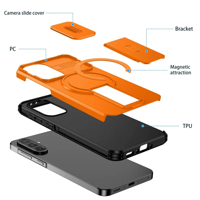 Compra em Massa para Samsung Galaxy A36 5G / A56 5G Capa de Telefone Magnética PC + Capa TPU com Suporte Oculto e Tampa Deslizante da Câmera - Laranja