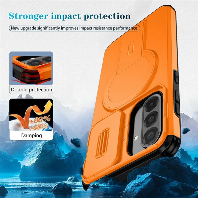 Compra em Massa para Samsung Galaxy A36 5G / A56 5G Capa de Telefone Magnética PC + Capa TPU com Suporte Oculto e Tampa Deslizante da Câmera - Laranja