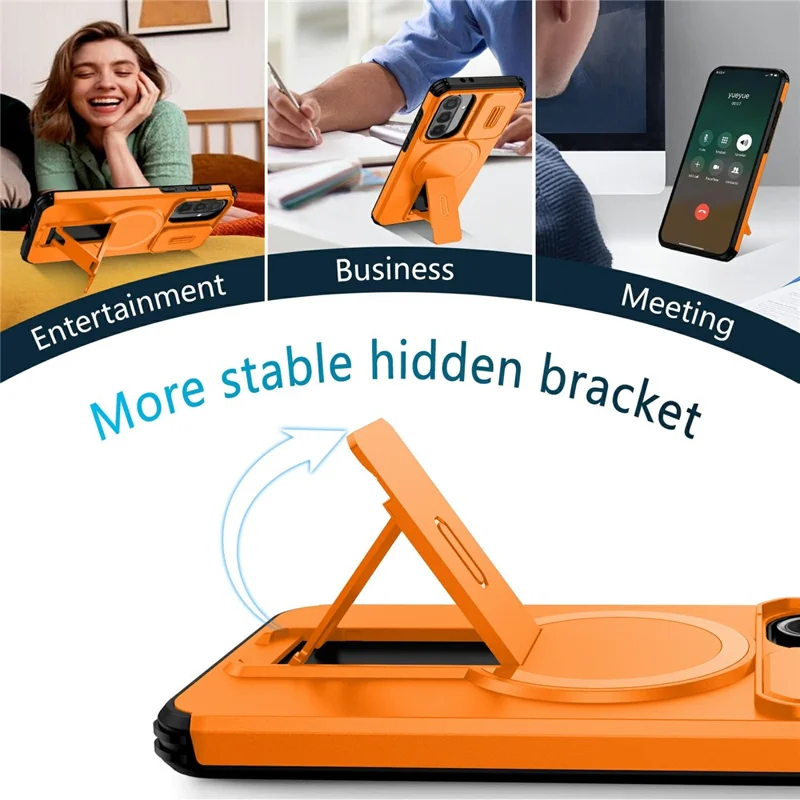 Compra em Massa para Samsung Galaxy A36 5G / A56 5G Capa de Telefone Magnética PC + Capa TPU com Suporte Oculto e Tampa Deslizante da Câmera - Laranja