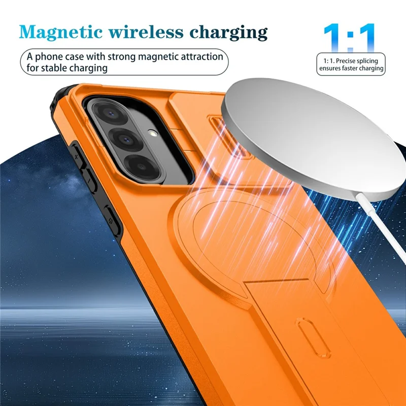 Compra em Massa para Samsung Galaxy A36 5G / A56 5G Capa de Telefone Magnética PC + Capa TPU com Suporte Oculto e Tampa Deslizante da Câmera - Laranja