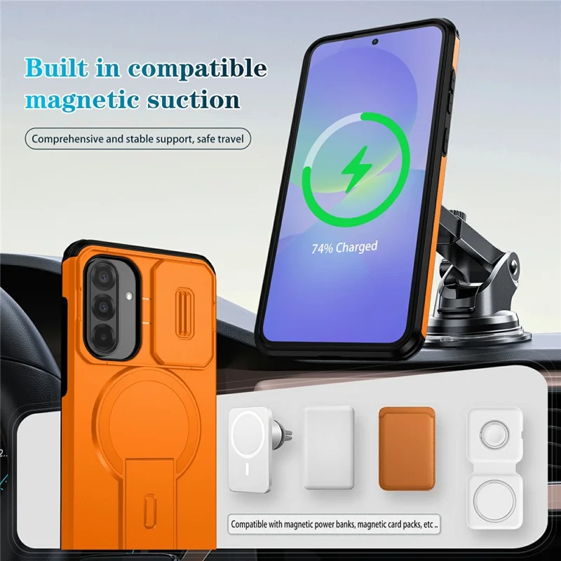 Compra em Massa para Samsung Galaxy A36 5G / A56 5G Capa de Telefone Magnética PC + Capa TPU com Suporte Oculto e Tampa Deslizante da Câmera - Laranja