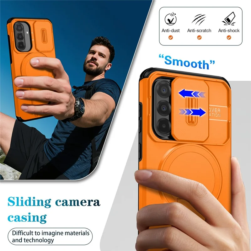 Compra em Massa para Samsung Galaxy A36 5G / A56 5G Capa de Telefone Magnética PC + Capa TPU com Suporte Oculto e Tampa Deslizante da Câmera - Laranja