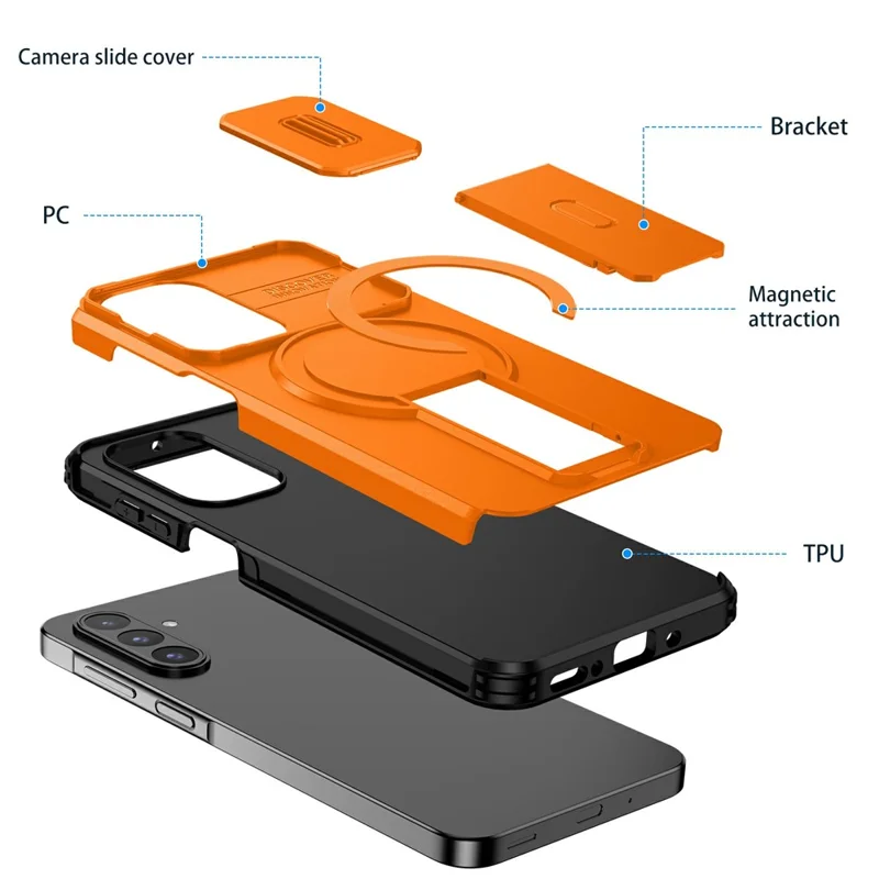Bulk Purchasing For Samsung Galaxy A17 5G  /  A26 5G Magnetic Phone Case PC + TPU Cover with Hidden Kickstand and Sliding Camera Cover - Orange
