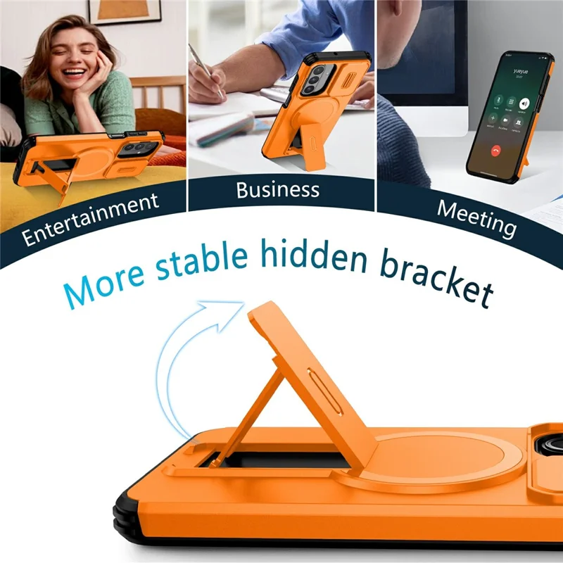 Bulk Purchasing For Samsung Galaxy A17 5G  /  A26 5G Magnetic Phone Case PC + TPU Cover with Hidden Kickstand and Sliding Camera Cover - Orange