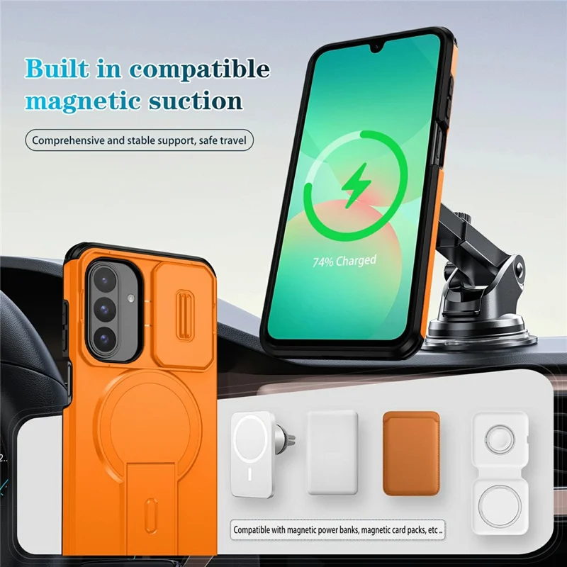Bulk Purchasing For Samsung Galaxy A17 5G  /  A26 5G Magnetic Phone Case PC + TPU Cover with Hidden Kickstand and Sliding Camera Cover - Orange
