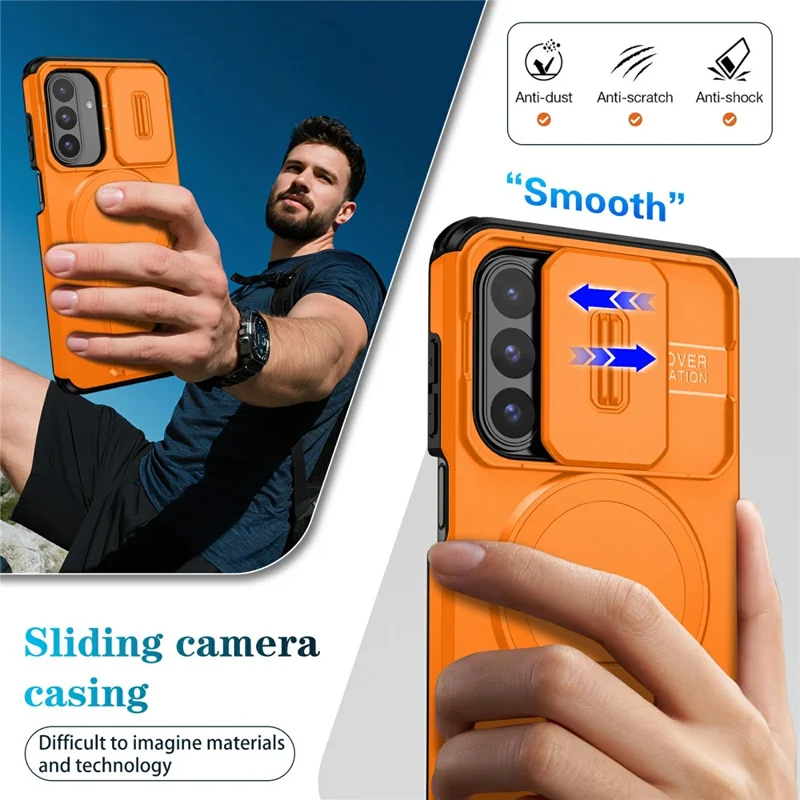 Bulk Purchasing For Samsung Galaxy A17 5G  /  A26 5G Magnetic Phone Case PC + TPU Cover with Hidden Kickstand and Sliding Camera Cover - Orange