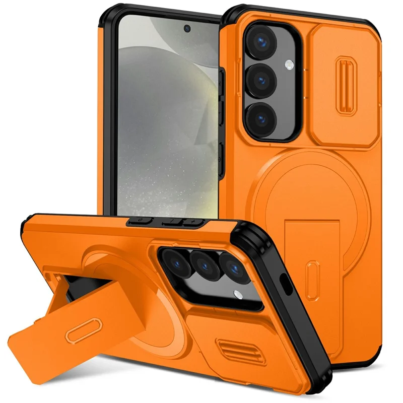 Bulk Purchasing For Samsung Galaxy S25 Magnetic Phone Case PC + TPU Cover with Hidden Kickstand and Sliding Camera Cover - Orange