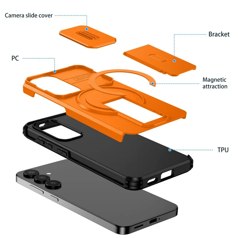 Bulk Purchasing For Samsung Galaxy S25 Magnetic Phone Case PC + TPU Cover with Hidden Kickstand and Sliding Camera Cover - Orange