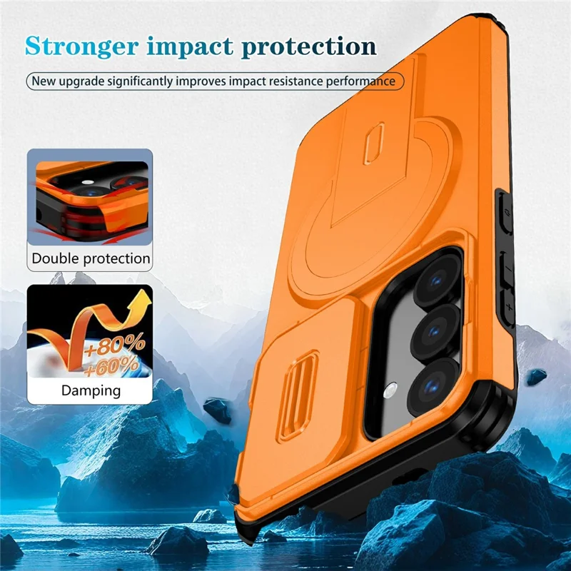 Bulk Purchasing For Samsung Galaxy S25 Magnetic Phone Case PC + TPU Cover with Hidden Kickstand and Sliding Camera Cover - Orange