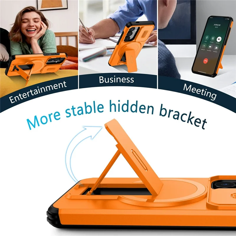 Bulk Purchasing For Samsung Galaxy S25 Magnetic Phone Case PC + TPU Cover with Hidden Kickstand and Sliding Camera Cover - Orange