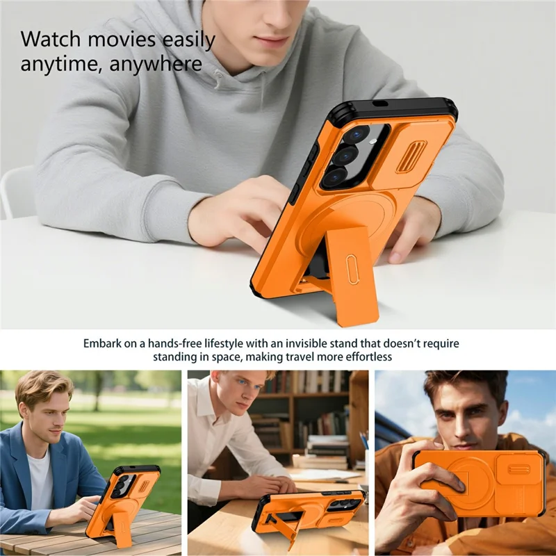 Bulk Purchasing For Samsung Galaxy S25 Magnetic Phone Case PC + TPU Cover with Hidden Kickstand and Sliding Camera Cover - Orange