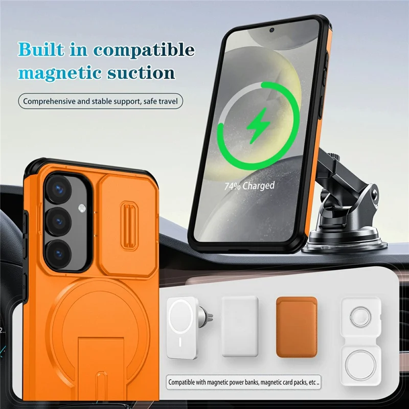 Bulk Purchasing For Samsung Galaxy S25 Magnetic Phone Case PC + TPU Cover with Hidden Kickstand and Sliding Camera Cover - Orange