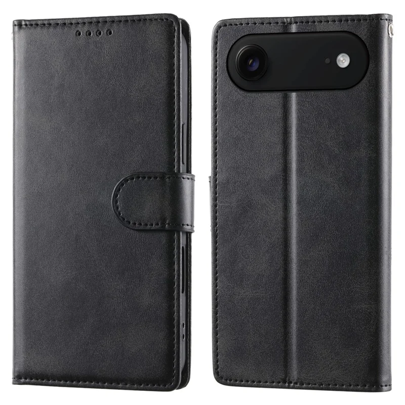 iPhone Air Case Stand Wallet Kalbleder-Textur PU-Leder Flip Handyhülle mit Handgelenkschlaufe - Schwarz
