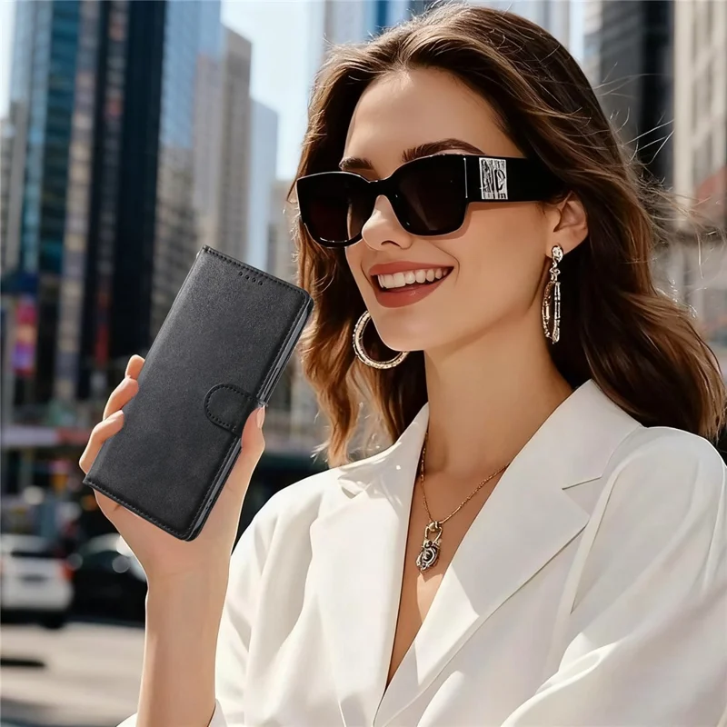 iPhone Air Case Stand Wallet Kalbleder-Textur PU-Leder Flip Handyhülle mit Handgelenkschlaufe - Schwarz