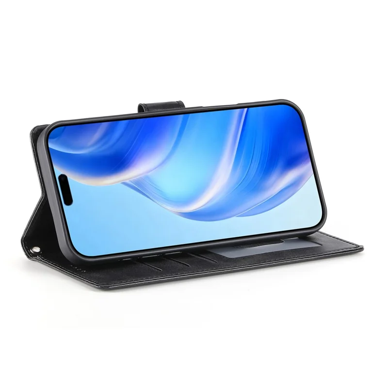 iPhone Air Case Stand Wallet Kalbleder-Textur PU-Leder Flip Handyhülle mit Handgelenkschlaufe - Schwarz