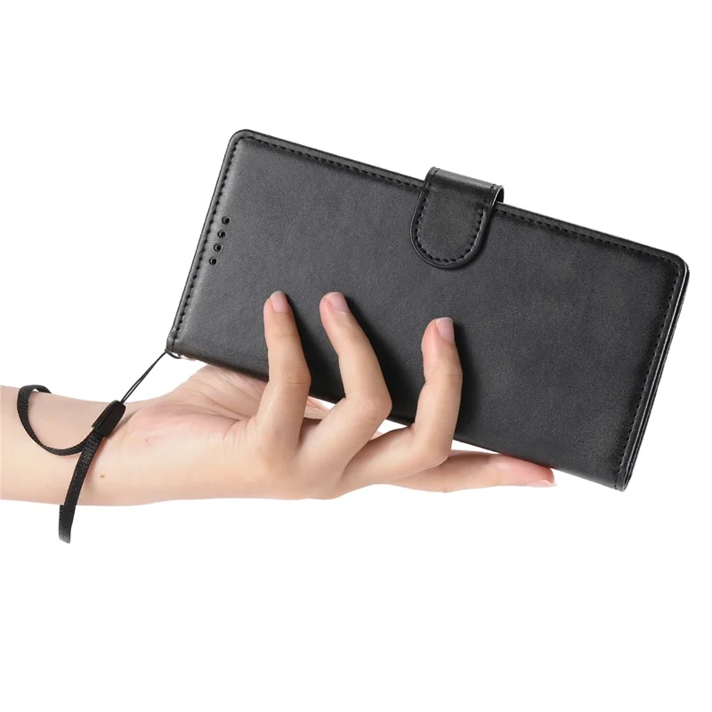 iPhone Air Case Stand Wallet Kalbleder-Textur PU-Leder Flip Handyhülle mit Handgelenkschlaufe - Schwarz
