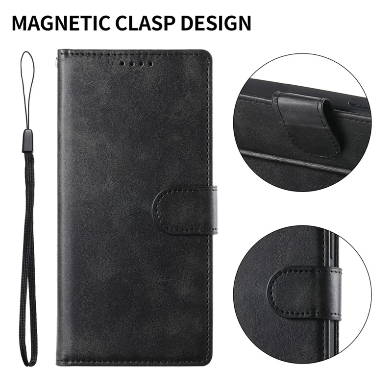 iPhone Air Case Stand Wallet Kalbleder-Textur PU-Leder Flip Handyhülle mit Handgelenkschlaufe - Schwarz