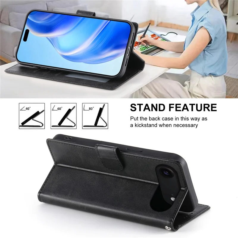 iPhone Air Case Stand Wallet Kalbleder-Textur PU-Leder Flip Handyhülle mit Handgelenkschlaufe - Schwarz