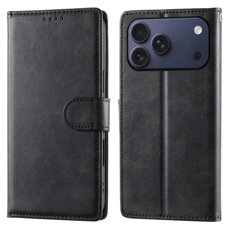 Voor iPhone 17 Pro Max Hoesje Stand Wallet Kalfsstructuur PU Leren Flip Hoesje met Polsbandje - Zwart